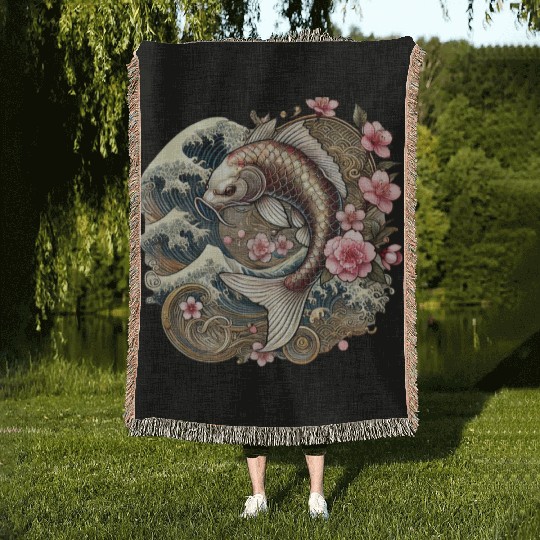 Elegant Koi Fish and Cherry Blossom Design Woven Blankets