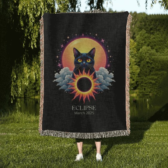 Solar Eclipse March 2025 Cat Lover Astronomy 03.25 Woven Blankets