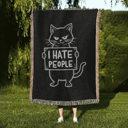 i hate people Funny Design With Cat Woven Blankets