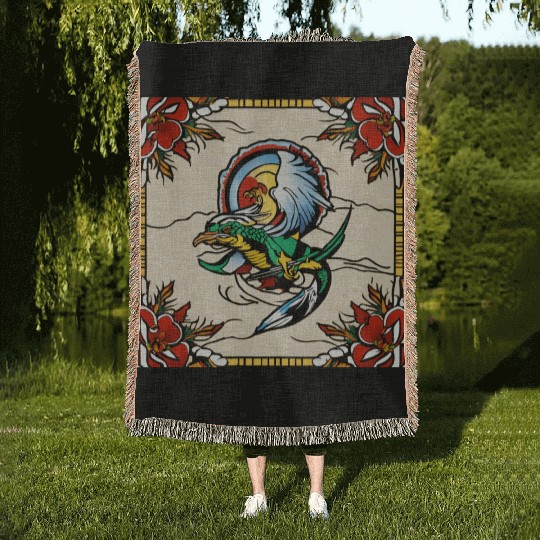 Dragonbird in Stained-Glass Garden" Woven Blankets