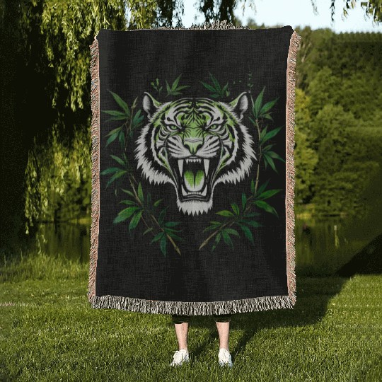 Fierce Green Tiger with Bamboo Branches Woven Blankets