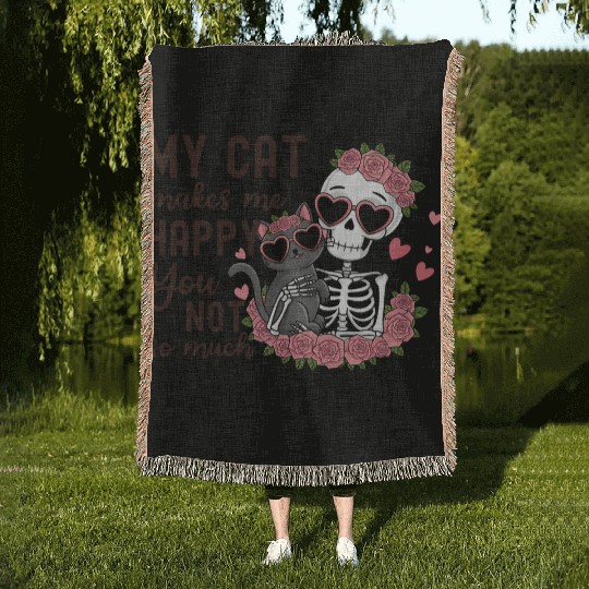 Funny Valentines Day Skeleton Cat Lover Woven Blankets