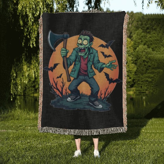 Zombie Holding Axe Creepy Halloween Design Scary H Woven Blankets