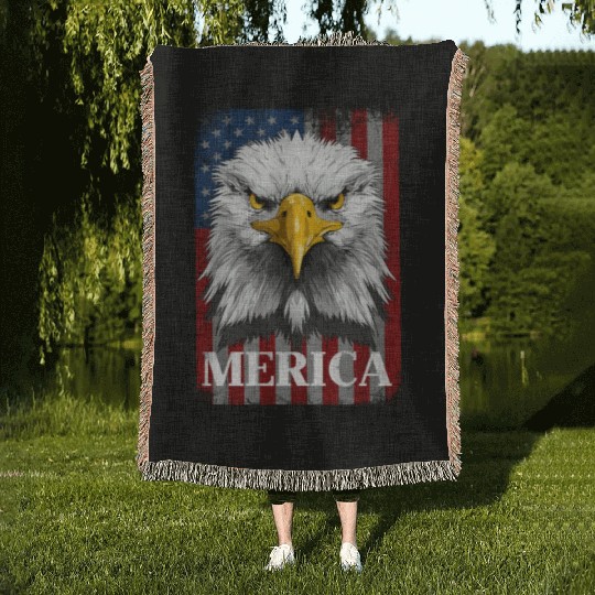 American Flag Patriotic Eagle 4th of July Merica Woven Blankets