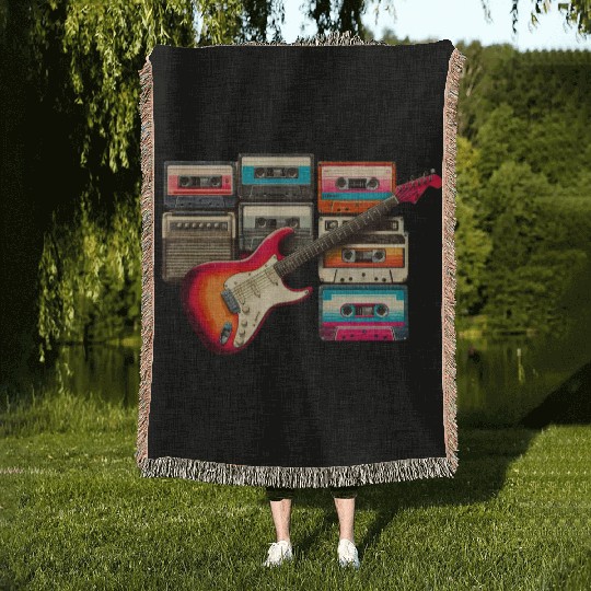 Old guitar and old cassette tape Woven Blankets