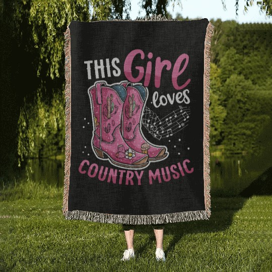 This girl Loves Country Music Pink Cowboy Boots Woven Blankets