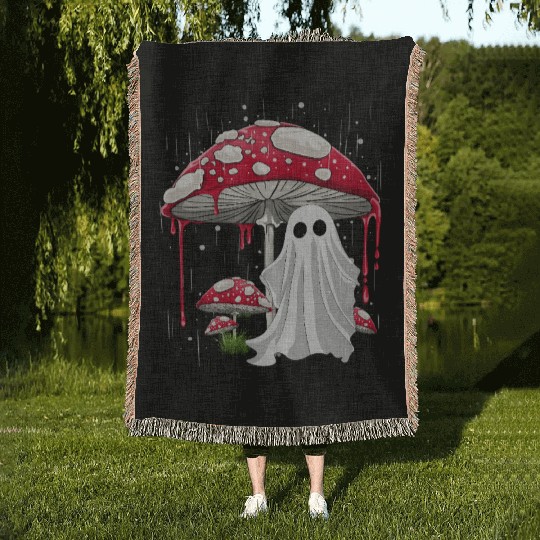 Cottagecore Halloween Ghost Mushroom Spooky Woven Blankets