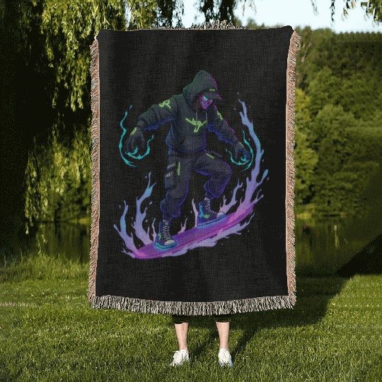 Ghost Wave - Neon Phantom Rider Woven Blankets
