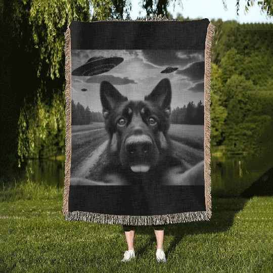German2 Shepherd Funny GSP Selfie with UFOs Weird Woven Blankets