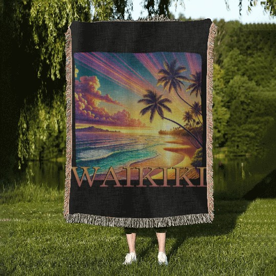 Waikiki Beach Sunset Palm Trees Sea Woven Blankets