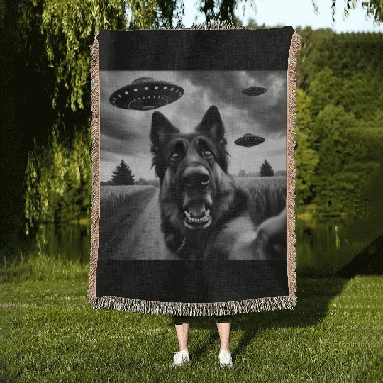 German Shepherd Funny GSP Selfie with UFOs Weird A Woven Blankets