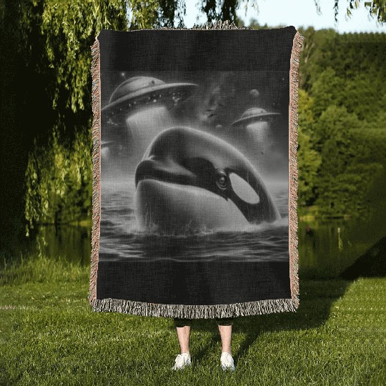Killer whale Funny Graphic Selfie with UFOs Weird Woven Blankets