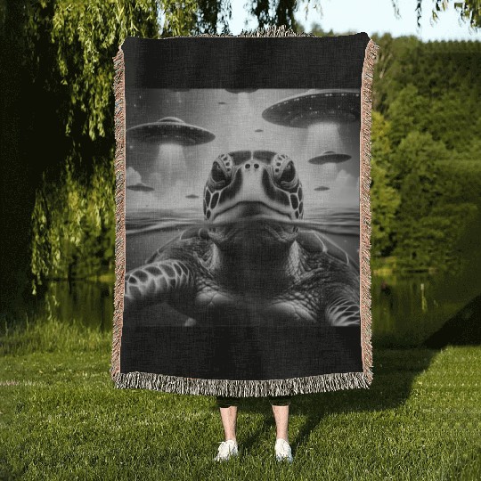Sea Turtle Funny Graphic Selfie with UFOs Weird A Woven Blankets