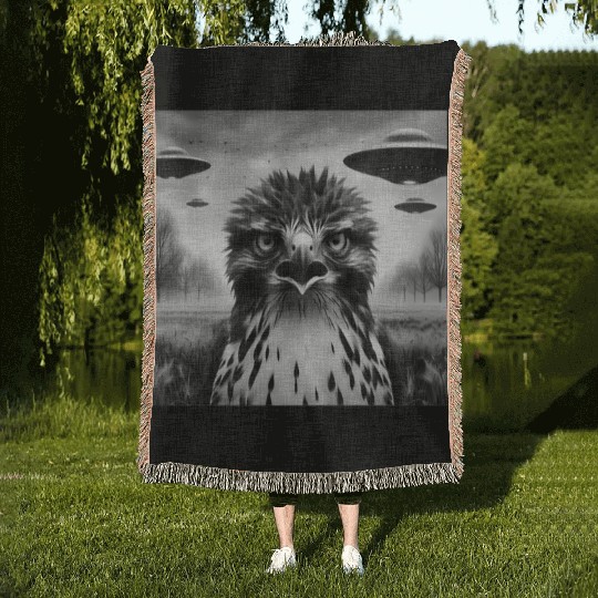 Hawk falcon Funny Graphic Selfie with UFOs Weird Woven Blankets