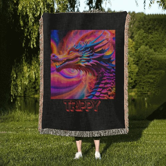 Trippy psychedelic fractal dragon Woven Blankets
