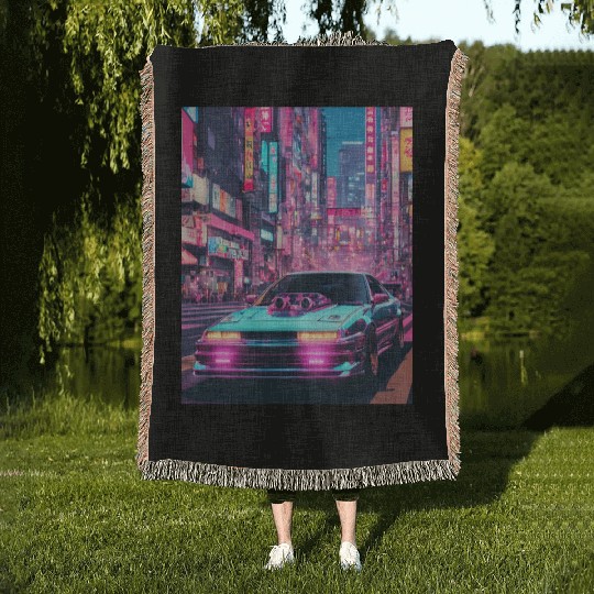 Scooped street racer in downtown Tokyo vaporwave Woven Blankets