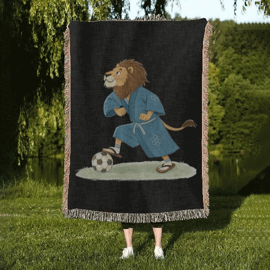 Lion playing soccer in karate kimono Woven Blankets