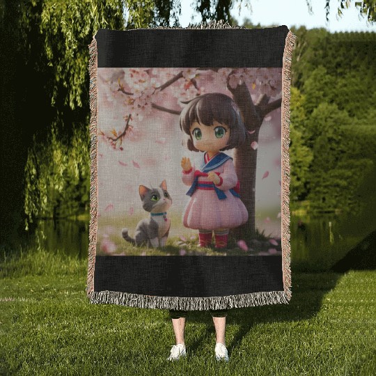 An anime character with a cute cat Woven Blankets
