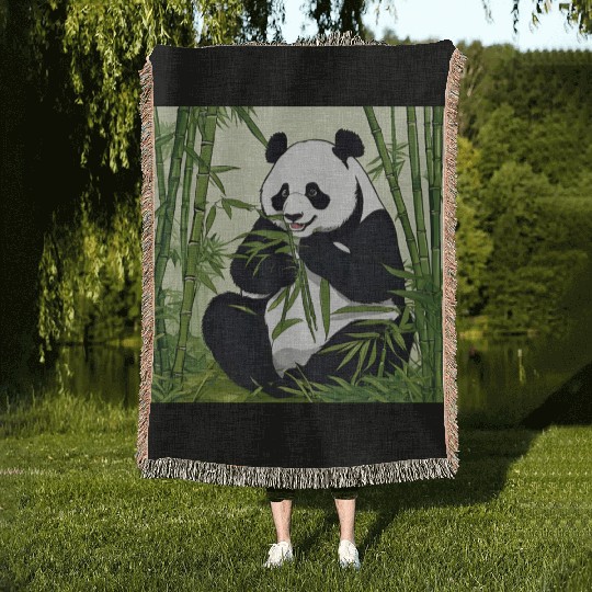 Chill Panda Eating Bamboo Cute Relaxed Design Woven Blankets