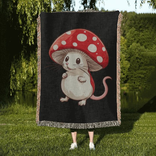 Mushroom Mouse Funny Animal And Mushroom Woven Blankets