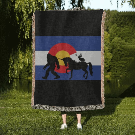 Mythical Creature and Jeep in Colorado Flag Woven Blankets