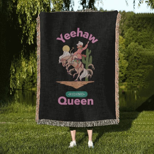 Yeehaw Queen, girl horse riding Woven Blankets.