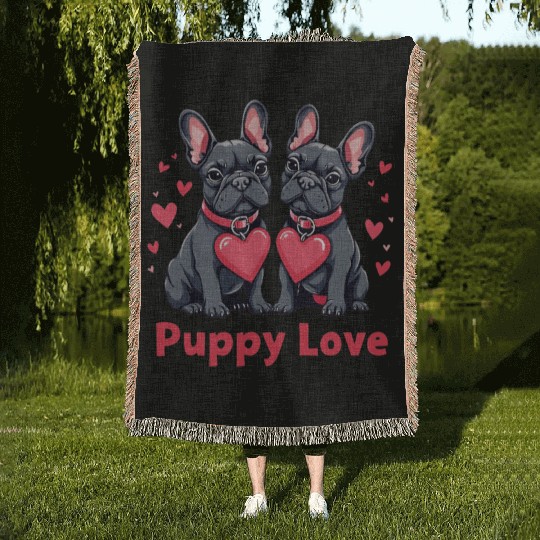 Valentines Day - Puppy Love French Bulldog Woven Blankets