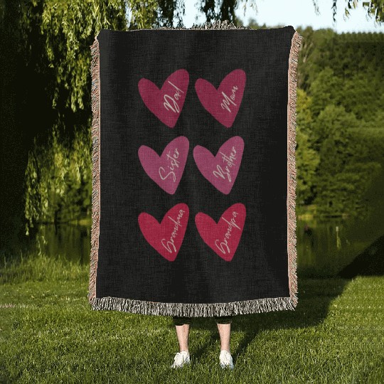 Red Pink Hearts names for family Valentine's Day Woven Blankets