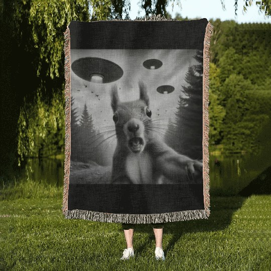 Squirrel Sci-Fi Funny Graphic Selfie with UFOs Wei Woven Blankets