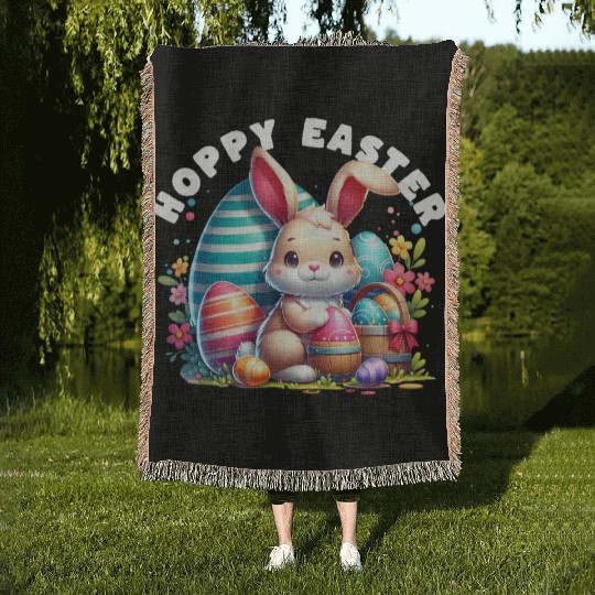 Hoppy Easter Kawaii Bunny Face Happy Easter Woven Blankets