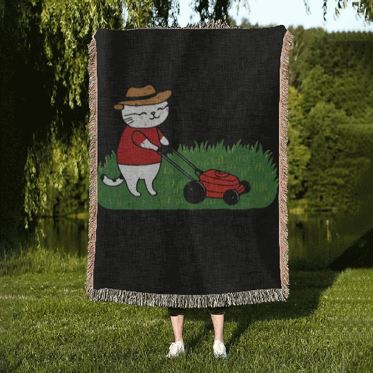 funny cat Lawn mowing Woven Blankets