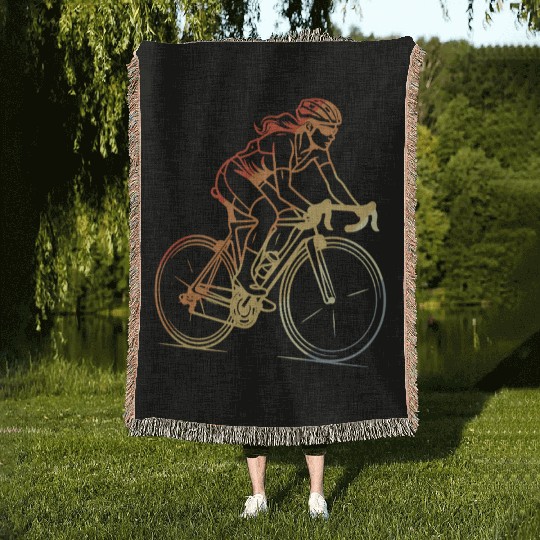 Retro Cycling Girl Line Art Woven Blankets