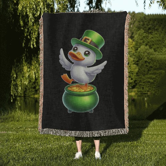 Cute St. Patrick's Day Duck Top Hat Clover Woven Blankets
