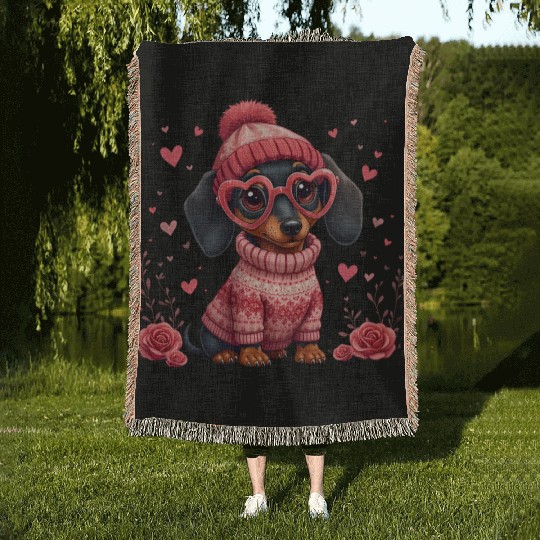 Cute Valentine Dachshund in Cozy Sweater Woven Blankets
