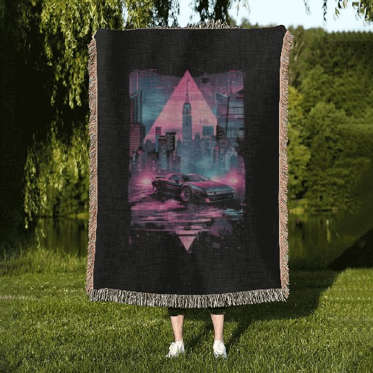 Retro Vaporwave Car City Synthwave 80s 90s Woven Blankets