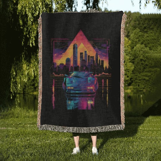 80s 90s Car City Synthwave Vaporwave Retro Woven Blankets