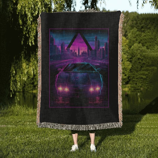 80s 90s Synthwave Car City Retro Vaporwave Woven Blankets