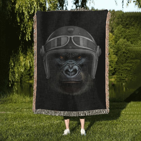 Biker Gorilla Motorcycle Silver Back Monkey Woven Blankets