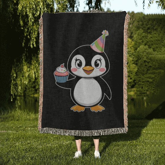 Birthday Joyful Penguin With Cupcake Woven Blankets