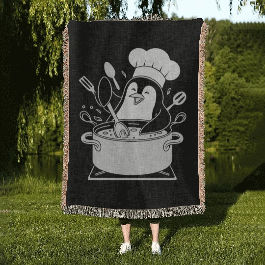 Chef Penguin Cooking with Utensils in Pot Woven Blankets