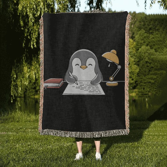 Writer Author Penguin Scribbling at Desk Woven Blankets