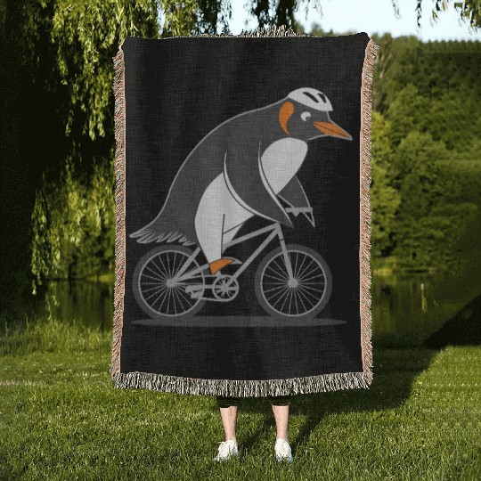 Penguin Riding Bicycle Fun Adventure Illustration Woven Blankets