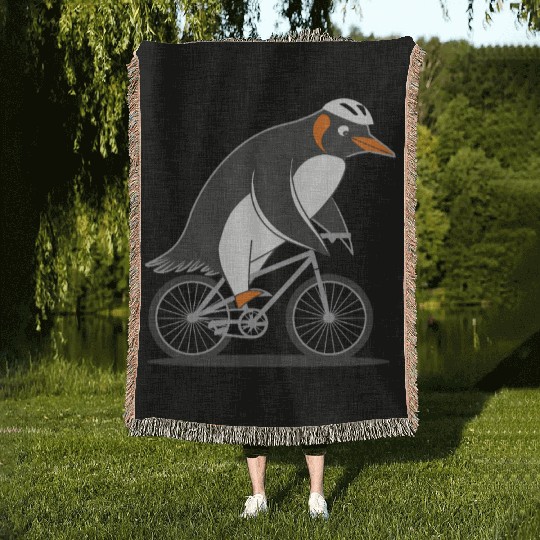 Penguin Riding Bicycle Fun Adventure Illustration Woven Blankets