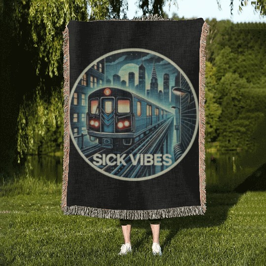Retro Futuristic Subway Train - Neon Cyberpunk Cit Woven Blankets