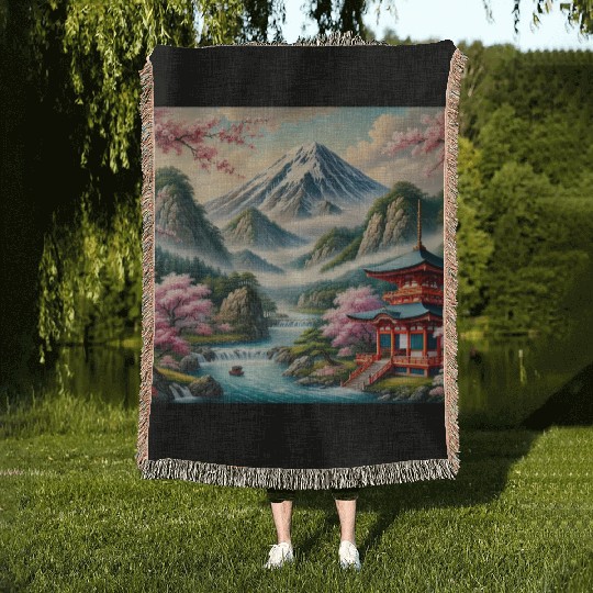 Serene Mount Fuji Landscape Art Print - Japanese C Woven Blankets