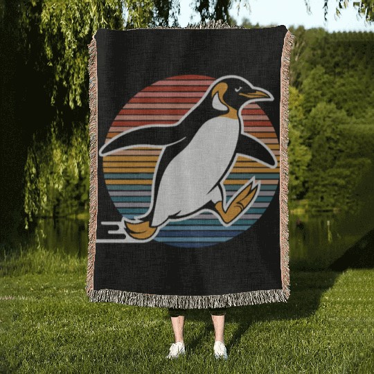 Retro Penguin Running Adventure Graphic Woven Blankets