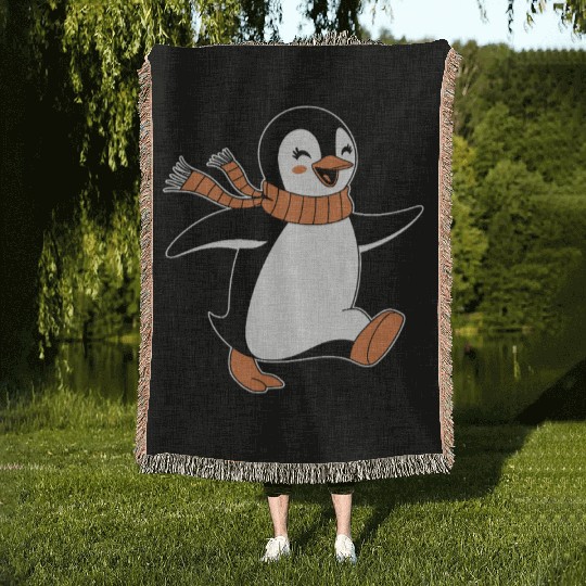 Happy Penguin Running Jogging Adventure Woven Blankets