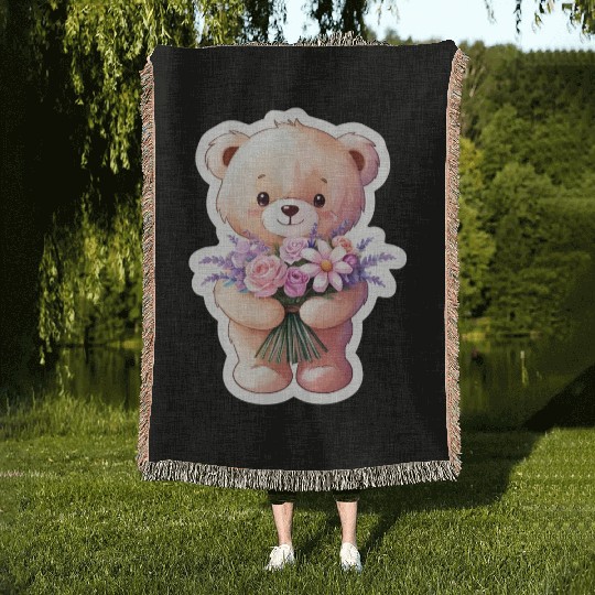 Teddy bear with bouquet of flowers Woven Blankets
