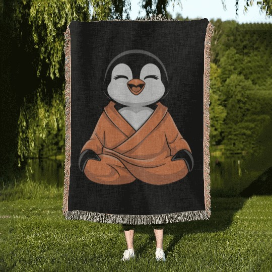 Meditating Penguin in Zen Robe Serenity Woven Blankets