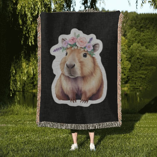 Capybara with Flowers Woven Blankets